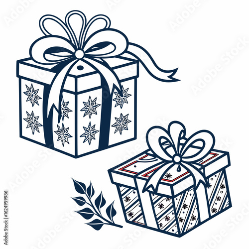 Two stylized gift boxes with bows and decorative patterns one with stars and the other with stripes and snowflakes accompanied by a branch