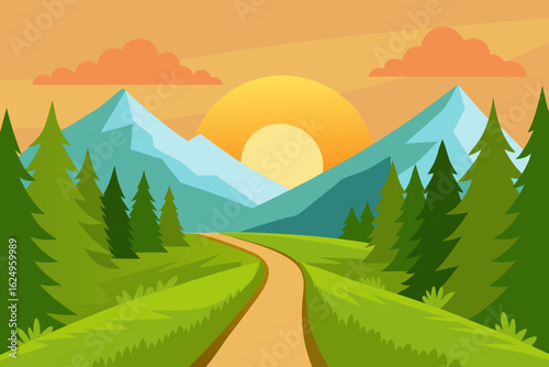 Idyllic Landscape Illustration with Verdant Green Hues Peaceful Nature Art