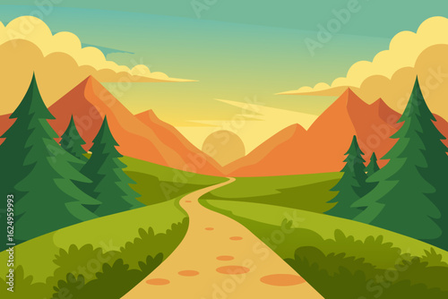 Idyllic Landscape Illustration with Verdant Green Hues Peaceful Nature Art