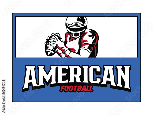 American Football Player Logo. Bold Mascot Design with Helmet and Ball in Red and Blue