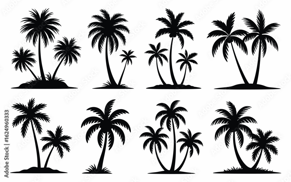 Fototapeta premium Vector art of set of tropical palm tree silhouettes isolated on white background, perfect for summer designs