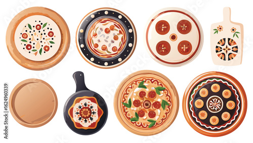 Collection of decorated wooden kitchenware including plates and a cutting board with floral designs