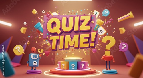 Colorful 3D Quiz Time Stage with Question Mark Characters and Dynamic Decorations for Educational or Entertainment Content