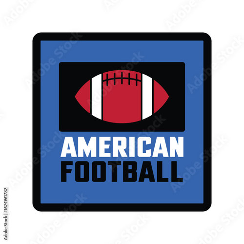 American Football Ball Logo. Red Oval Ball with Bold Typography on Blue Background