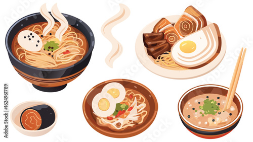 Illustration of various ramen bowls with different toppings and presentations on a white background