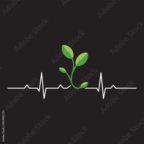 Green seedling growing from heartbeat on dark background. Eco and health fusion vector illustration design.