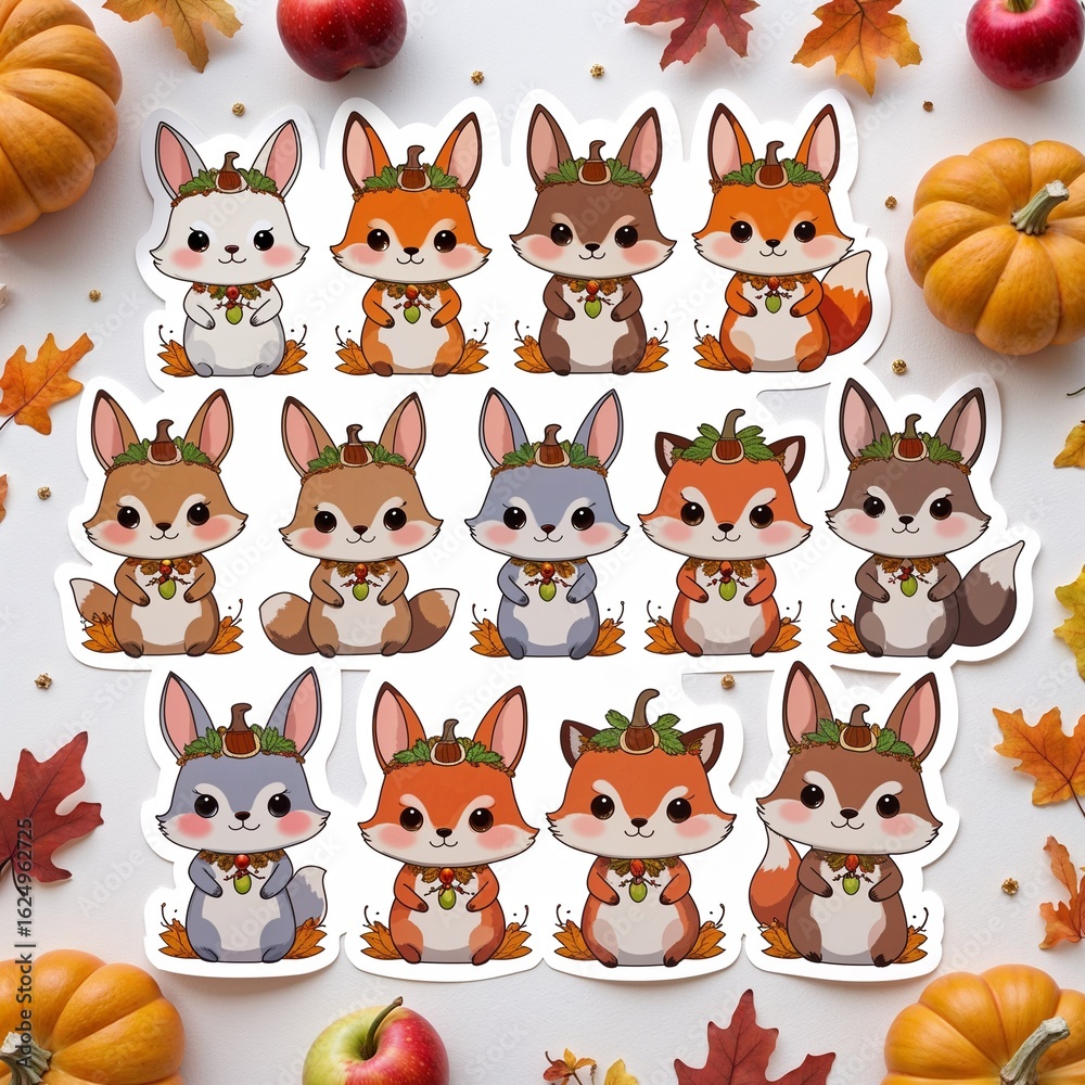 Obraz premium ファンタジー収穫祭の動物たち・シール風イラスト / Fantasy Harvest Animals - Sticker Style 