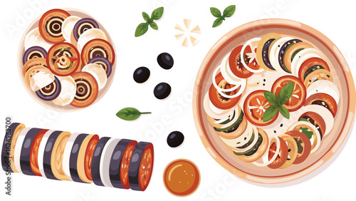 Illustration of ratatouille and beet salad with basil leaves and black olives on a white background