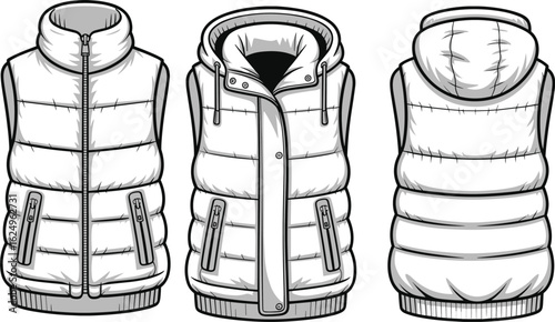 Sleeveless Puffer Vest with Hood Fashion Flat Sketch - Front, Back, and Open Views for Technical Drawing, Apparel Design, and Mockups.