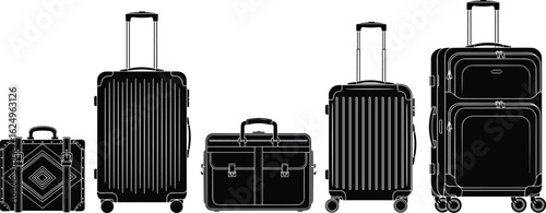 Silhouette illustration of various luggage and travel suitcases with wheels and handles, modern travel bags collection, isolated black vector design