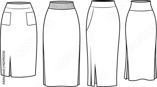 Pencil skirt cad drawing, fashion flat vector of midi skirts, elastic waist, slit front and back, technical apparel sketch, minimal skirt designs