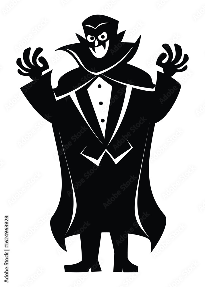 Spooky vampire character silhouette with fangs, a cape, and hands raised for a Halloween party. Vector cartoon illustration Spooky vampire character silhouette with fangs, a cape, and hands raised for a Halloween party. Vector cartoon illustration