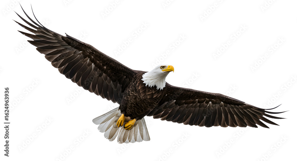 Naklejka premium Majestic Bald Eagle in Flight Powerful Wings Soaring Freedom American Symbol Wildlife Nature Bird of Prey Avian Animal