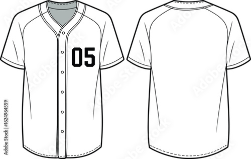 Baseball jersey cad drawing, raglan sleeve sports shirt vector, button-up athletic tee front and back, uniform sketch, fashion technical illustration