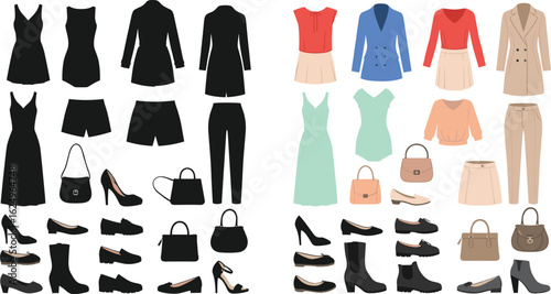 Vector illustration of women’s fashion clothes, shoes, and bags in black and color, stylish wardrobe icons, modern feminine apparel design