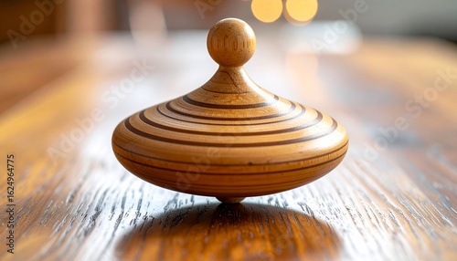 An extreme macro, ultra-realistic photograph of a wooden Gasing spinning perfectly and silently on a smooth surface
