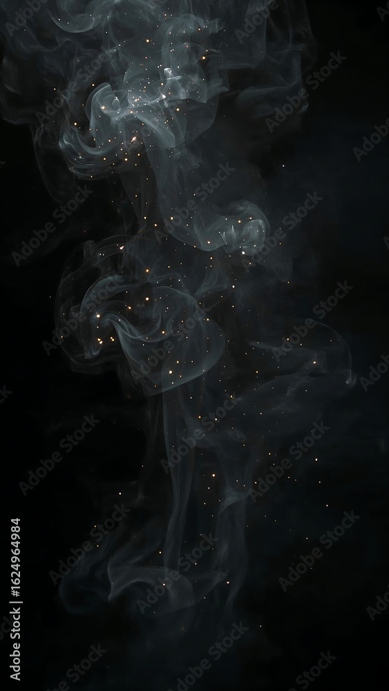 Fototapeta premium Mystical gray smoke plume with glowing golden particles floating in the air, creating an ethereal and magical atmosphere on a black backdrop