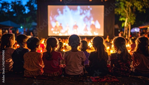 An ultra-realistic photograph taken from behind a group of young children sitting on the ground, watching a Wayang shadow puppet show
