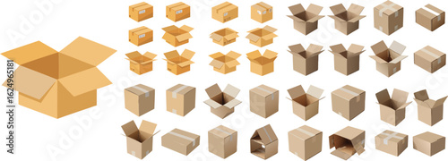 Assorted Isometric Cardboard Boxes Open, Closed, and Taped, Showing Versatility for Shipping and Storage Needs