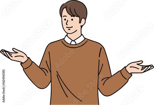 Cartoon person, brown sweater, white collared shirt, raised hands, questioning gesture, vector art, isolated, character design, confused pose, illustration