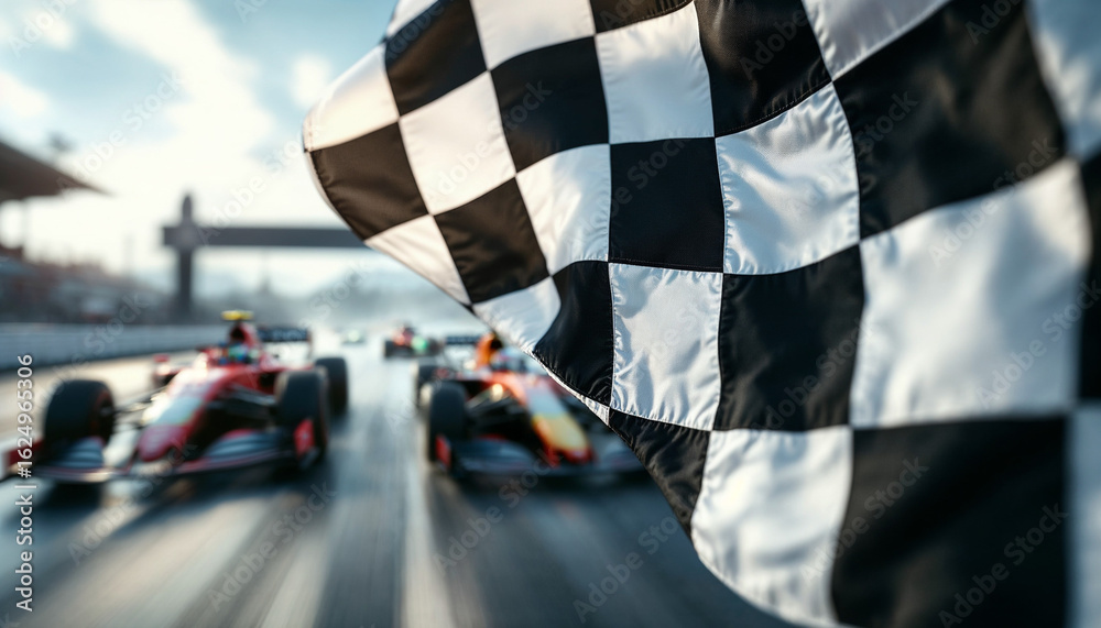 custom made wallpaper toronto digitalCheckered flag waves as Formula 1 cars blur toward race finish.
