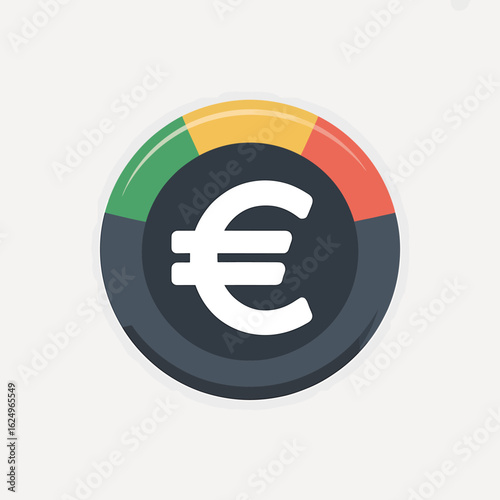 Euro symbol with colorful segmented circle and dark gray background representing financial status and economic indicators