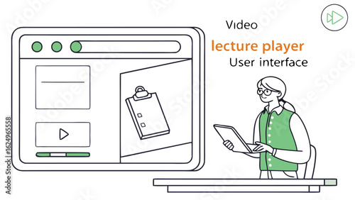 Illustration of a woman using a tablet with a video lecture player interface on a computer screen