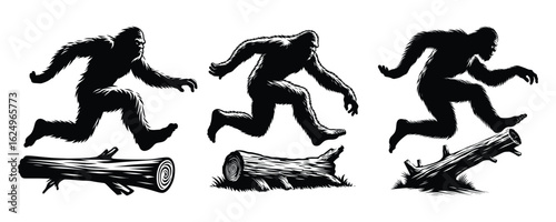 silhouette set of bigfoot which are running over a branch of tree
