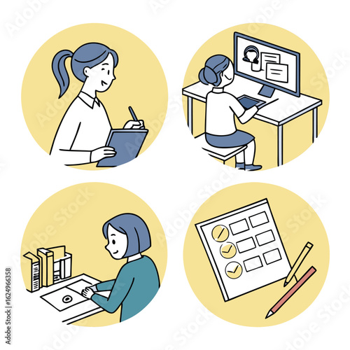 Cartoon vector illustration of business people working at their desks with laptops and computers