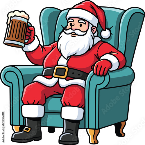 Cartoon Santa Claus sitting in armchair holding beer mug, festive holiday illustration, humorous Christmas concept, vector character design