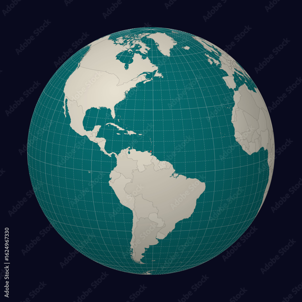 Fototapeta premium Trinidad and Tobago on the map. Globe centered to Trinidad and Tobago. Country location on the world map. Teal Pale Mint color palette. Globe with countries, meridians and parallels.