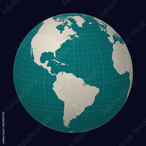 Trinidad and Tobago on the map. Globe centered to Trinidad and Tobago. Country location on the world map. Teal Pale Mint color palette. Globe with countries, meridians and parallels.
