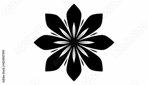 Stylized black floral mandala design, symmetrical, eight-petaled, intricate details.