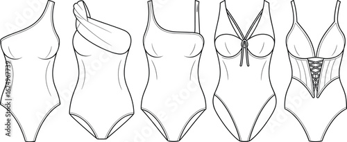 Bodysuit swimsuit cad drawing flat vector illustration, one piece lingerie design, asymmetric strap, underwire cups, lace up detail, technical fashion sketch