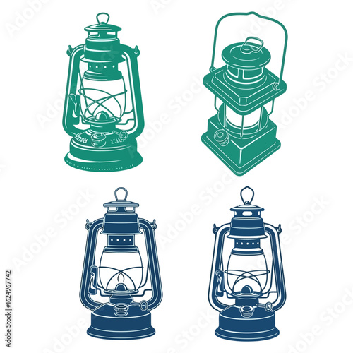Vector art of collection of four vintage lanterns in green and blue outlines, showcasing classic designs for illumination and decorative purposes