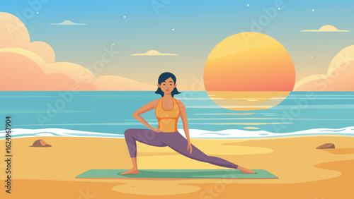 Woman Practicing Yoga at Sunset on a Scenic Beach