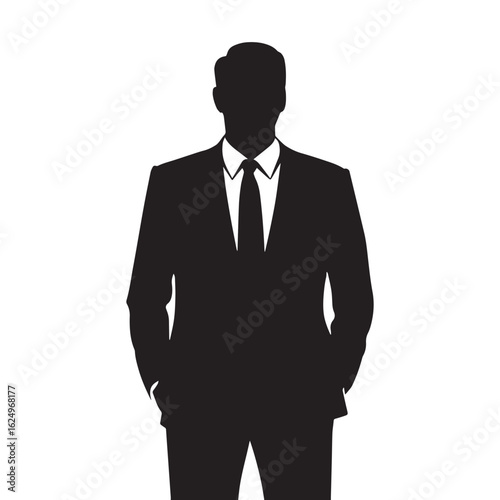 Dark business silhouette of man in formal attire symbolizing power, class, and confidence, vector illustration design.
