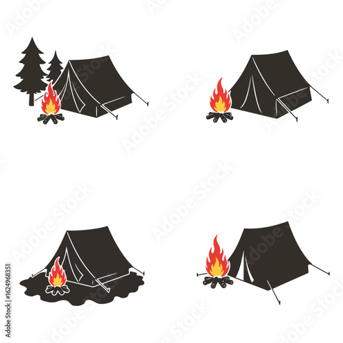 Vector art of a compilation of four distinct camping scenes, each featuring a tent and a campfire, set against various outdoor backdrops