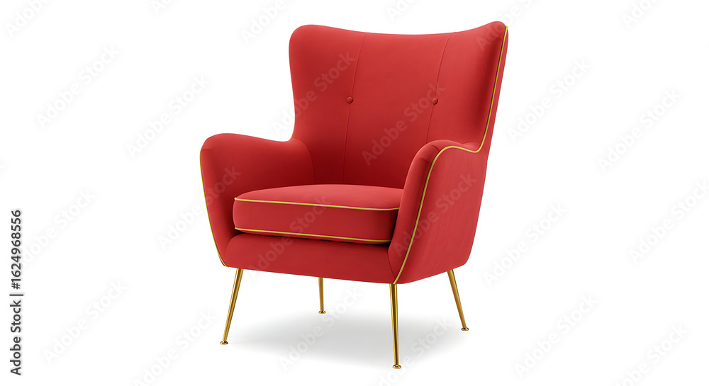 Fototapeta premium Mid Century Modern Red Velvet Accent Chair Gold Legs Home Decor Comfortable Seating Furniture Interior Design Room Decor Stylish Armchair Living Room