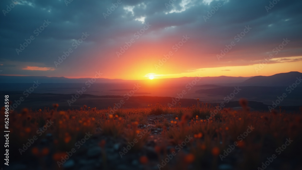 Naklejka premium Breathtaking sunset casting warm orange and red hues across a tranquil field of wildflowers and distant mountains under a dramatic sky.