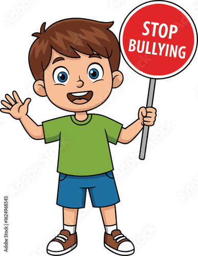 Smiling cartoon boy holding stop bullying sign, standing against white background, anti-bullying awareness illustration for school education campaign