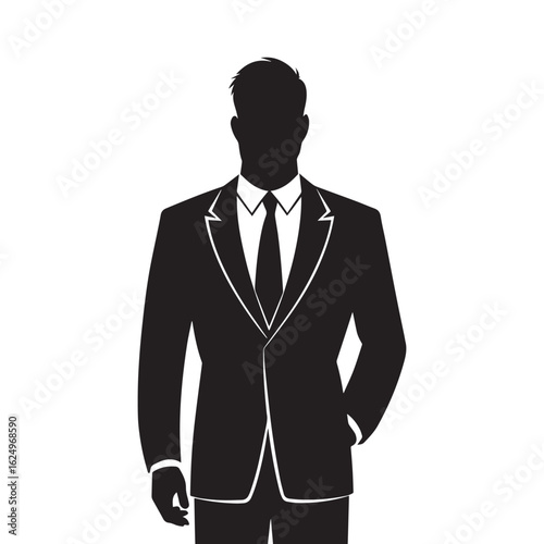 Minimal male silhouette in suit with hands by side, expressing authority and composure, vector illustration design.
