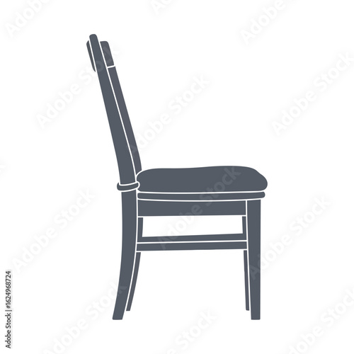 Vector art of side view of a dark gray chair with a cushioned seat and wooden legs, isolated on a white background