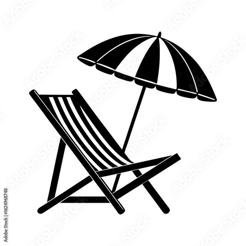 summer vacation beach chair and umbrella icon black silhouette art vector