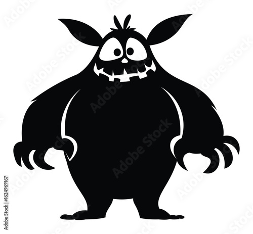 Cute cartoon monster character with big ears and eyes silhouette. Happy funny furry creature with a toothy smile. Vector illustration