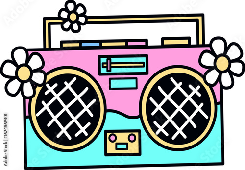 Cute Retro Groovy Summer Boombox with Flowers Illustration