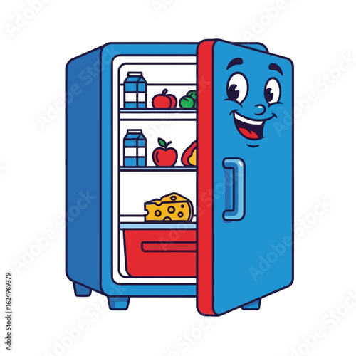Vector art of a cheerful cartoon refrigerator with its door open, revealing shelves stocked with various food items and drinks on a white background
