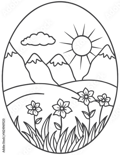 Featuring a sunrise on a mountain, an adult and child colouring page, with a Chamomile and mountains landscape concept. Linea