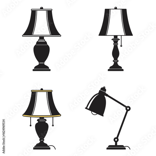 Vector art of a set of four distinct table and desk lamps, featuring various styles from classic to modern, all isolated on a clean white background