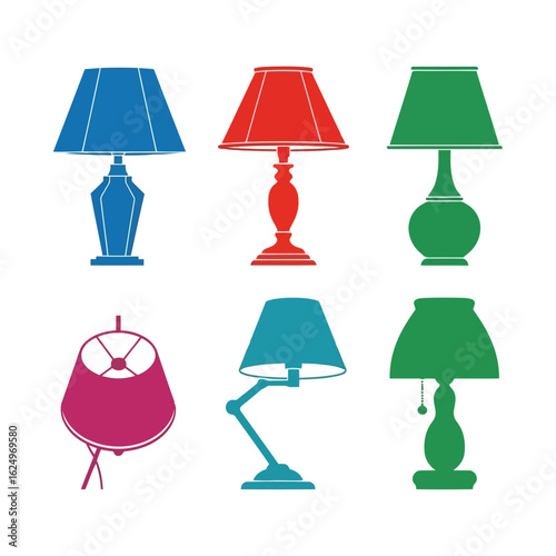 Vector art of collection of six colorful table and desk lamps with various designs, isolated on white background